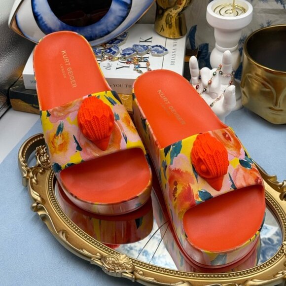 🆕 KURT GEIGER LONDON 🧿 NWOB Eagle Chunky Rubber Slide, Orange Floral, Sz US 7 - Picture 3 of 14